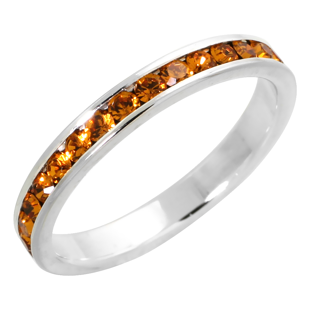 Sterling Silver Stackable Eternity Band, November Birthstone, Citrine Crystals, 1/8" (3 mm) wide