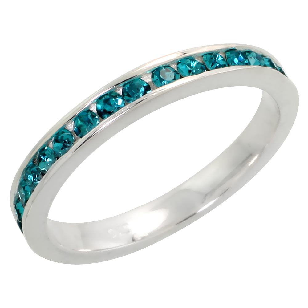 Sterling Silver Stackable Eternity Band, December Birthstone, Blue Topaz Crystals, 1/8&quot; (3 mm) wide