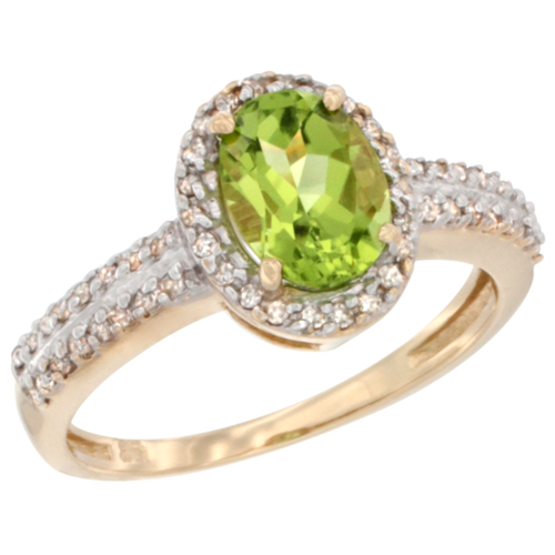 14k Gold Natural Peridot Ring Oval 1.40 ct 8x6 mm Diamond Halo, � inch wide