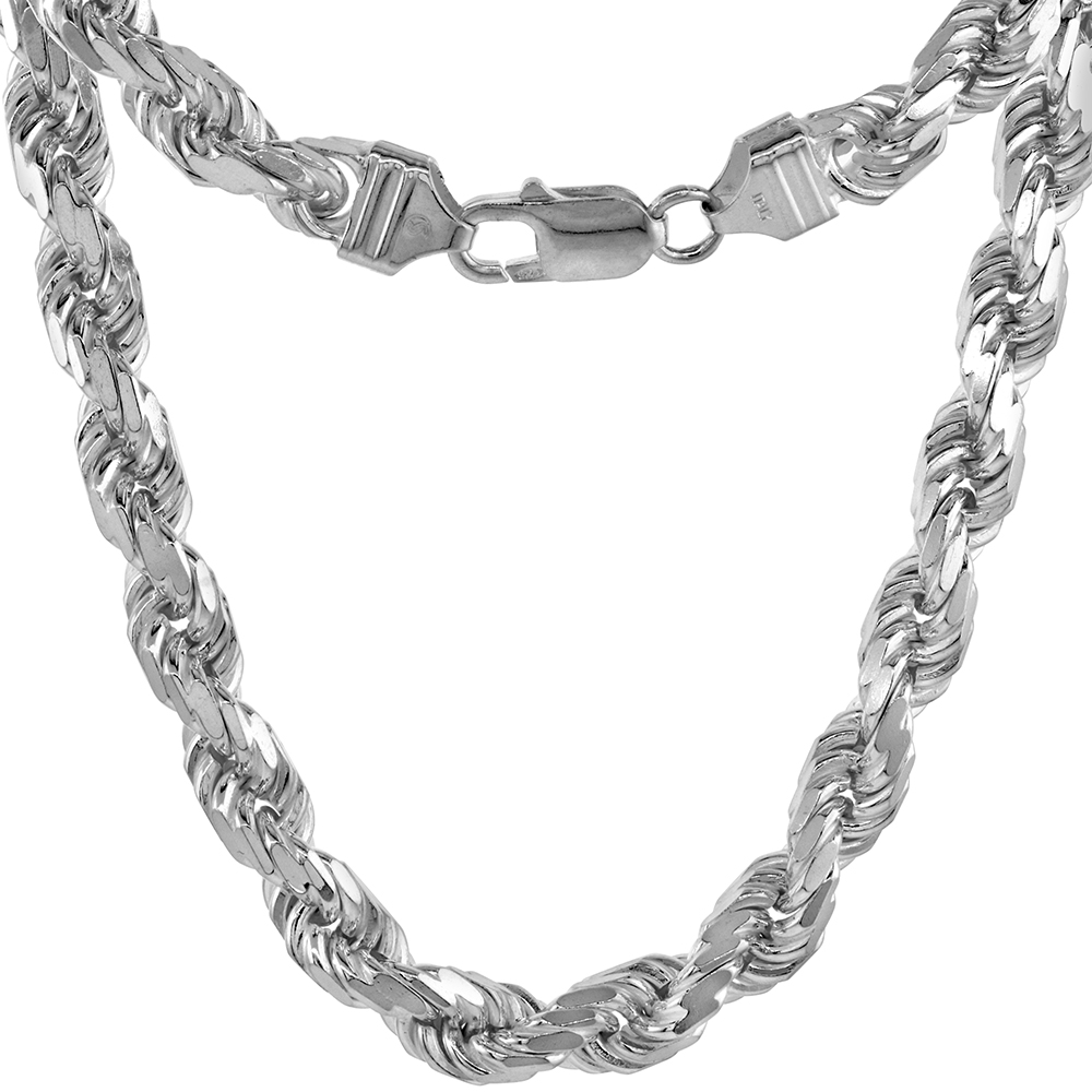 Sterling Silver Thick Rope Chain Necklace 7mm Diamond-cut Handmade Nickel Free Italy, 8-30 inch