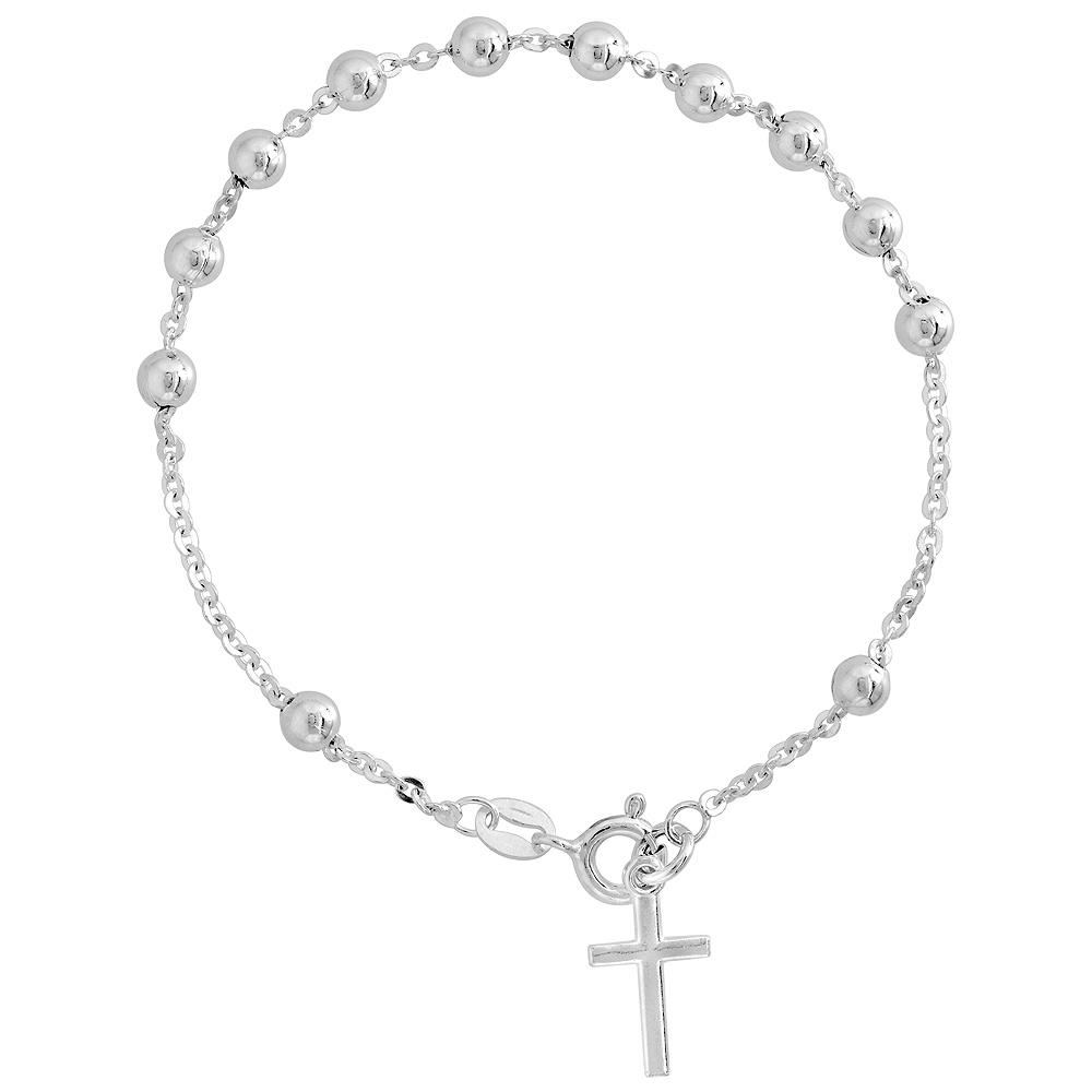 Sterling Silver Rosary Bracelet 4 mm Beads Cable Chain Italy 7 inch