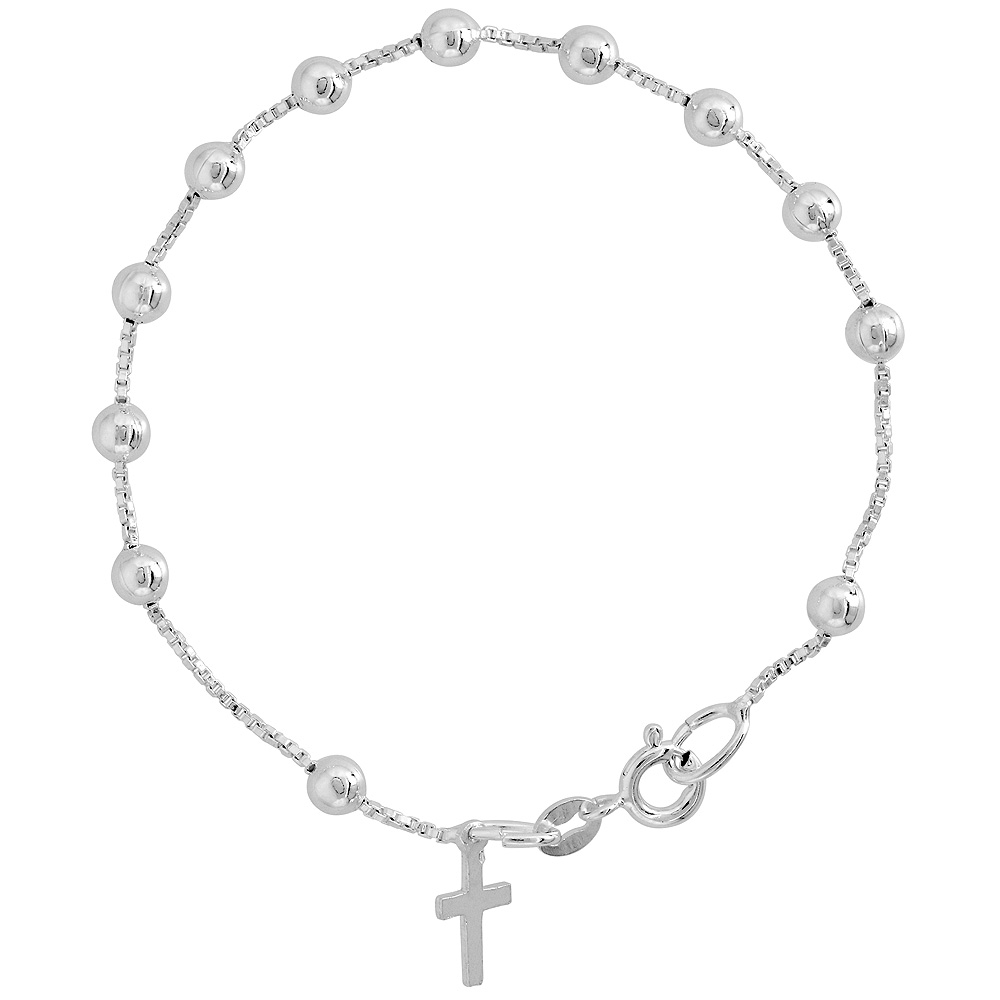 Small Size Sterling Silver Rosary Bracelet 4 mm Beads Italy 6.5 inch