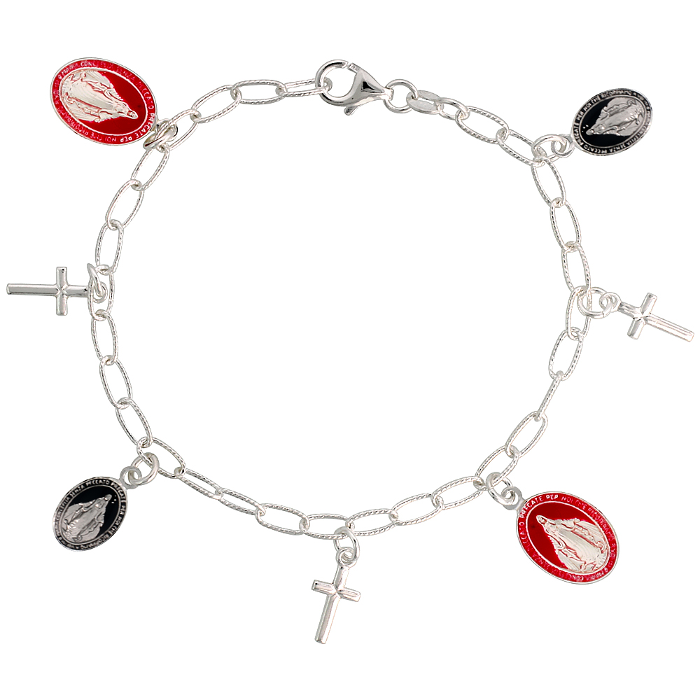 Sterling Silver Miraculous Medal Bracelet with Crosses Red Enamel 7 inch