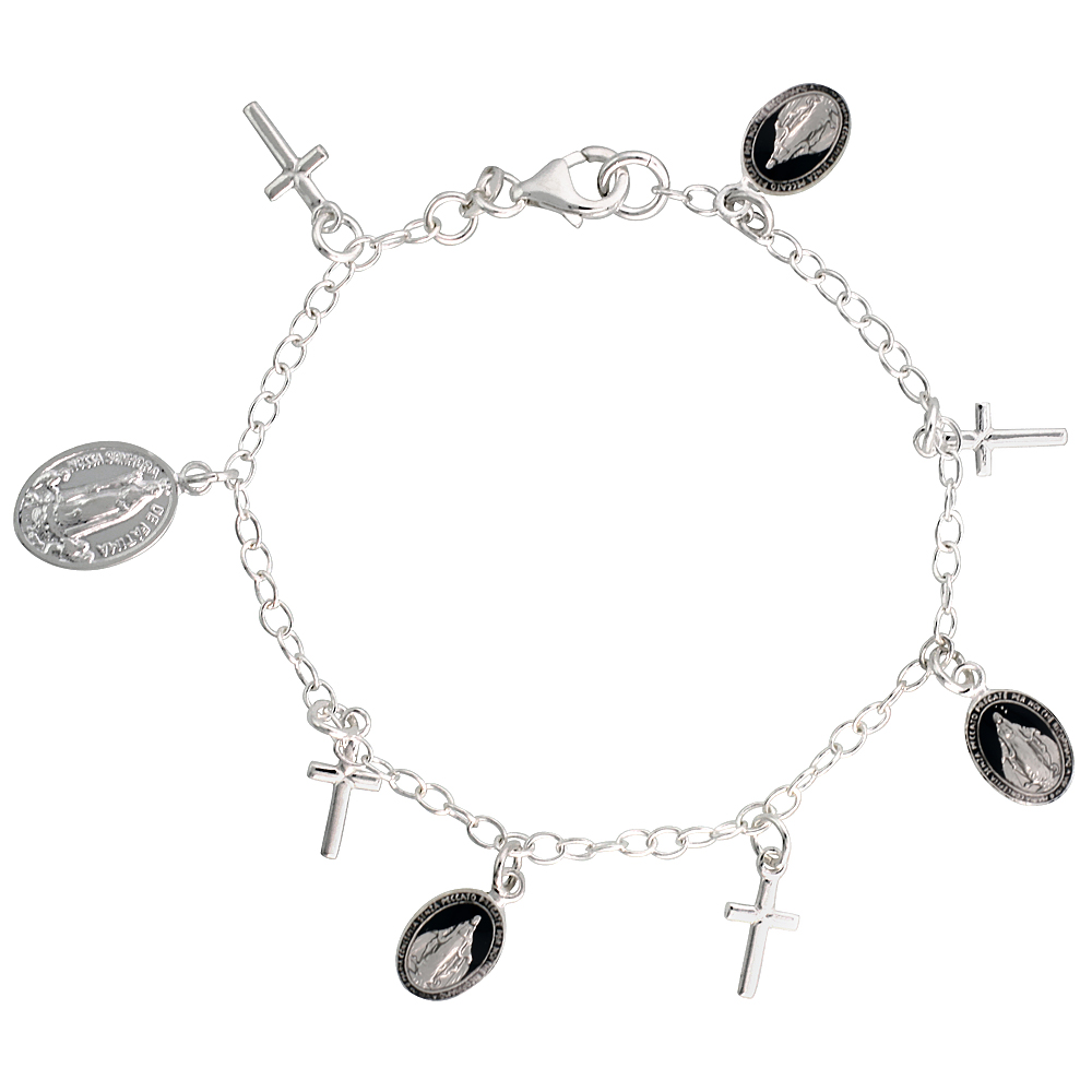 Sterling Silver Miraculous Medal Bracelet with Crosses Black Enamel 7 inch