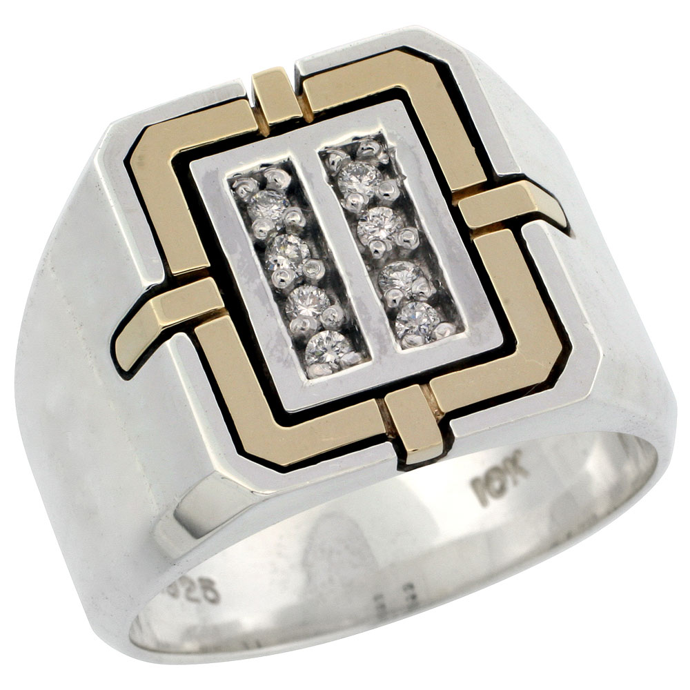 10k Gold & Sterling Silver 2-Tone Men's Rectangular Diamond Ring with 0.14 ct. Brilliant Cut Diamonds, 5/8 inch wide