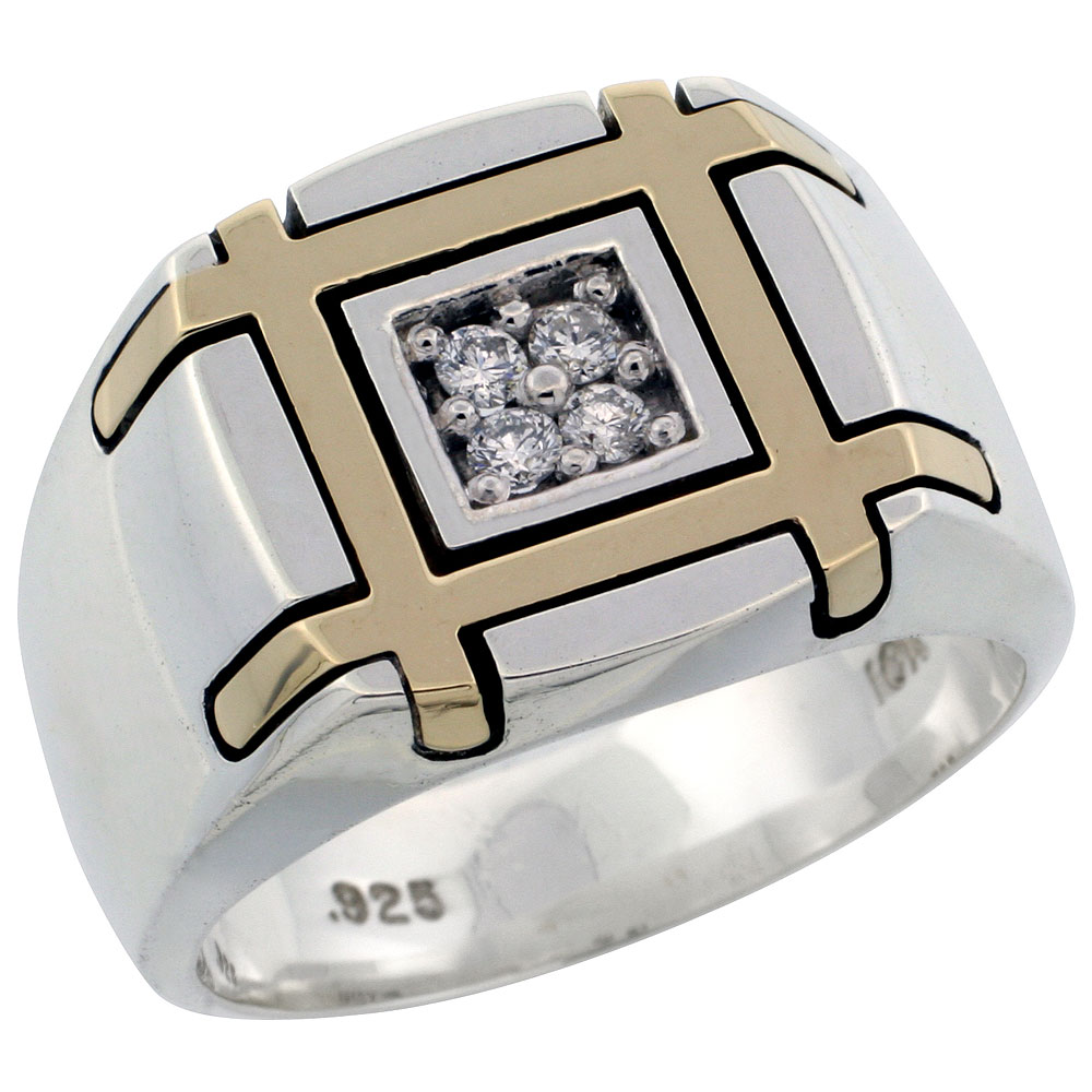 10k Gold & Sterling Silver 2-Tone Men's Square Diamond Ring with 0.16 ct. Brilliant Cut Diamonds, 19/32 inch wide