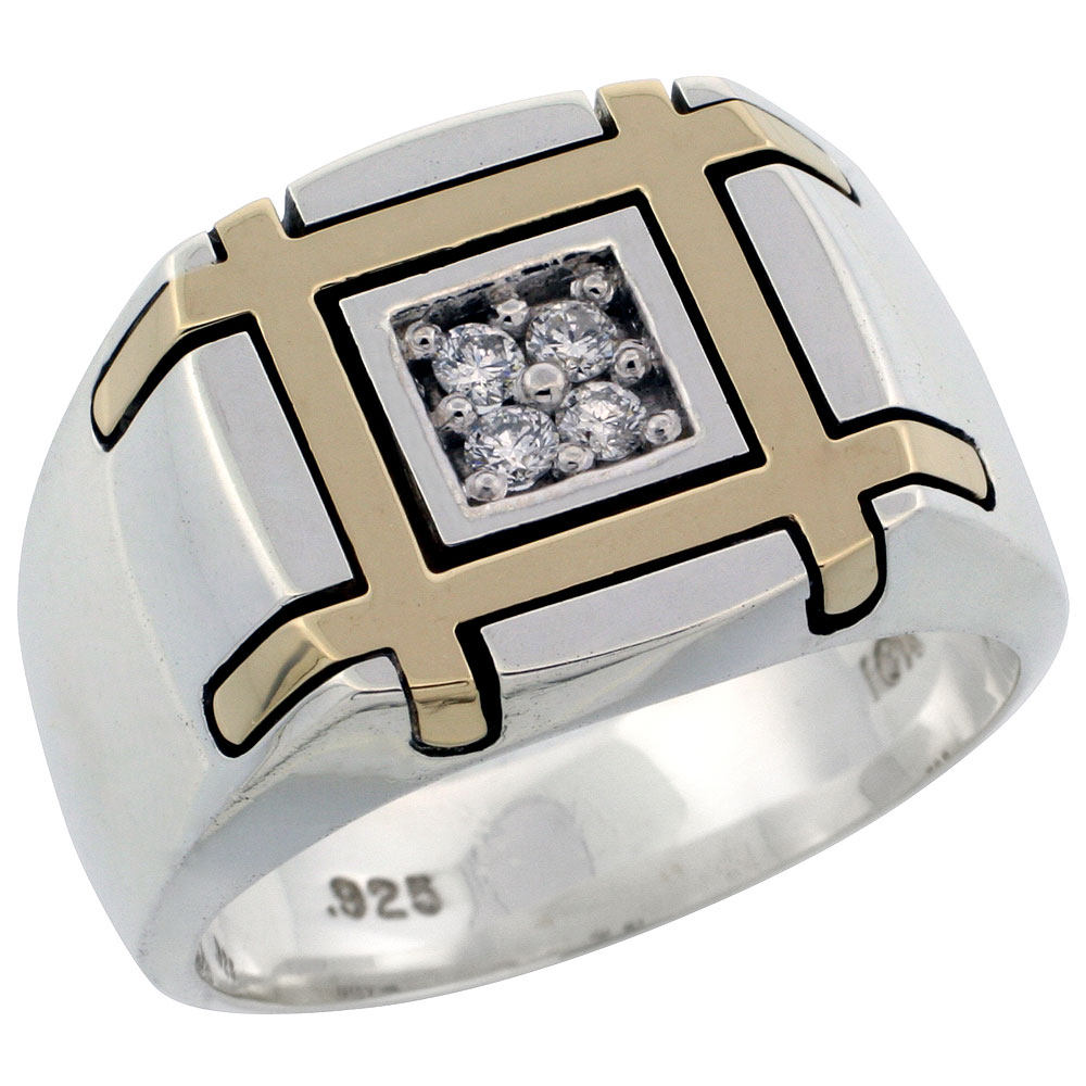 10k Gold &amp; Sterling Silver 2-Tone Men&#039;s Square Diamond Ring with 0.16 ct. Brilliant Cut Diamonds, 19/32 inch wide