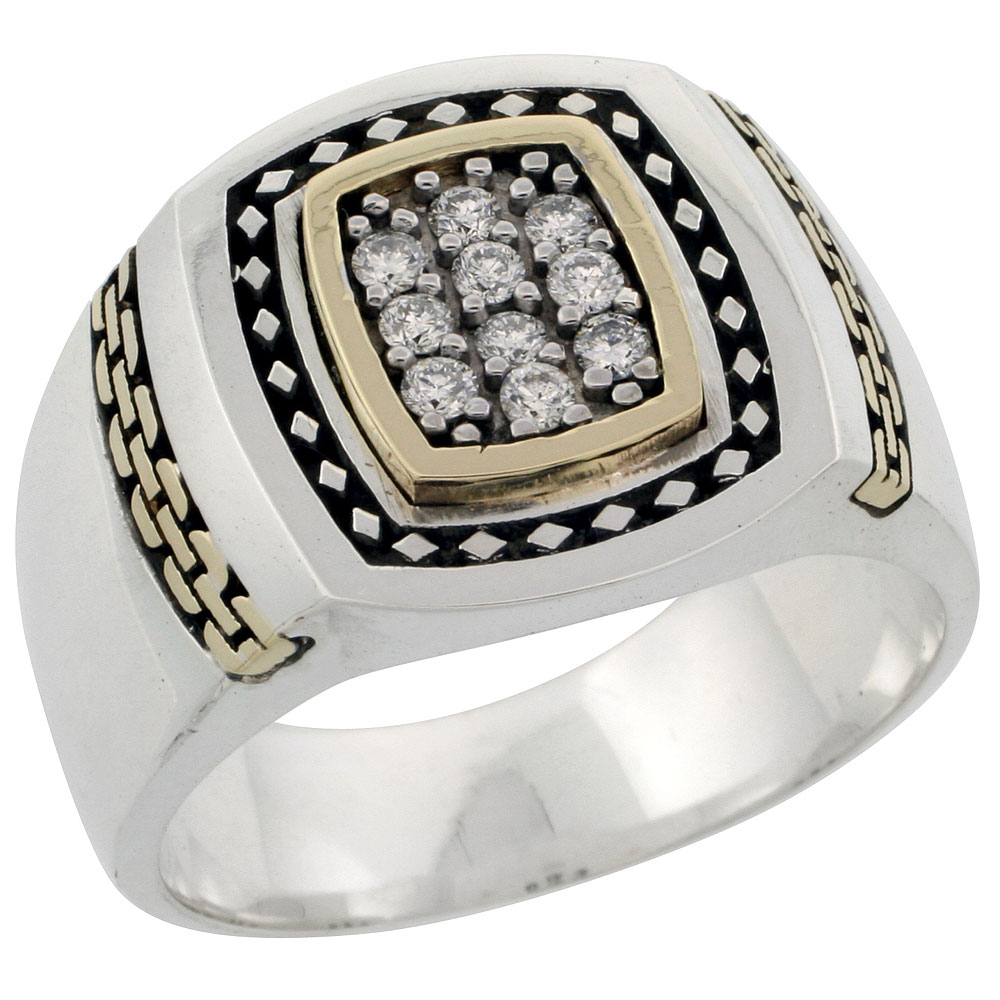 10k Gold & Sterling Silver 2-Tone Men's Link Design Diamond Ring with 0.24 ct. Brilliant Cut Diamonds, 5/8 inch wide