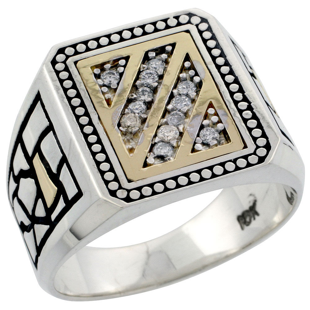 10k Gold & Sterling Silver 2-Tone Men's Diagonal Stripe Diamond Ring with 0.16 ct. Brilliant Cut Diamonds, 5/8 inch wide
