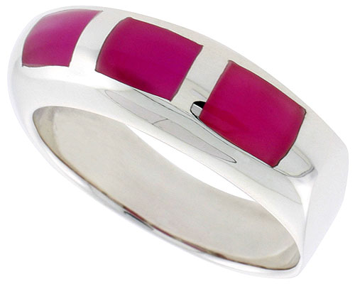 Sterling Silver Oxidized Ring, w/ Three 6 x 4 mm Rectangular Purple Resin, 3/8" (10 mm) wide