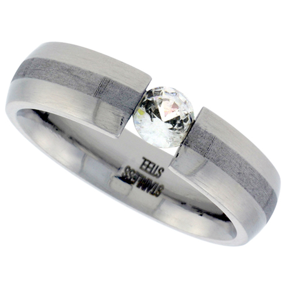 Surgical Stainless Steel Tension Set 6 mm Cubic Zirconia Wedding Band Ring comfort fit, sizes 7 - 14