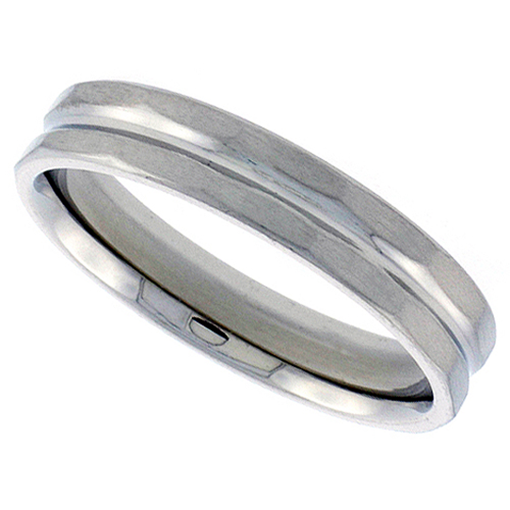 Stainless Steel 5mm Faceted Wedding Band Thumb Ring Grooved Center Matte Finish Comfort-Fit, sizes 6-10.5