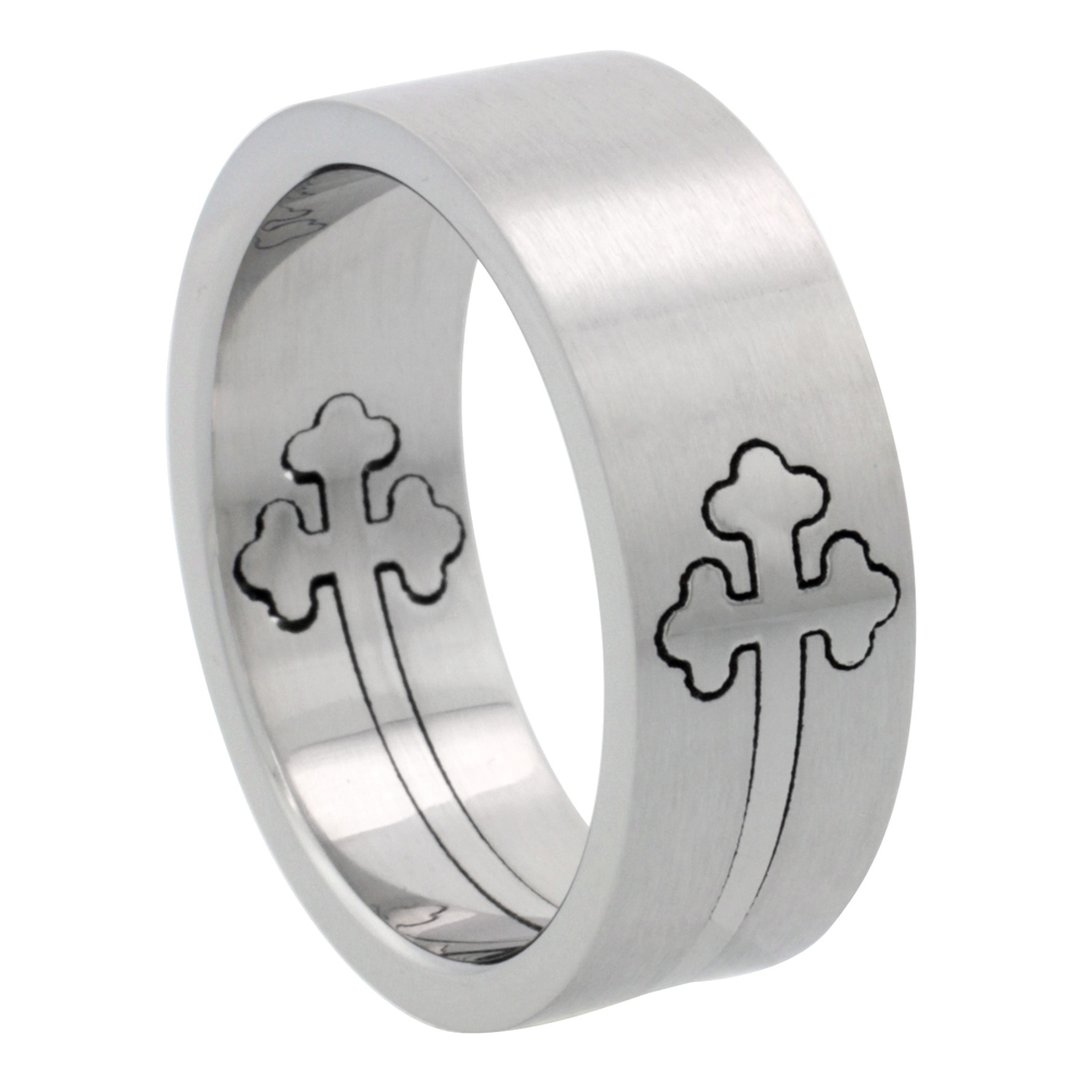 Surgical Stainless Steel Orthodox Cross Ring Cut-out 8mm Wedding Band, sizes 8 - 14