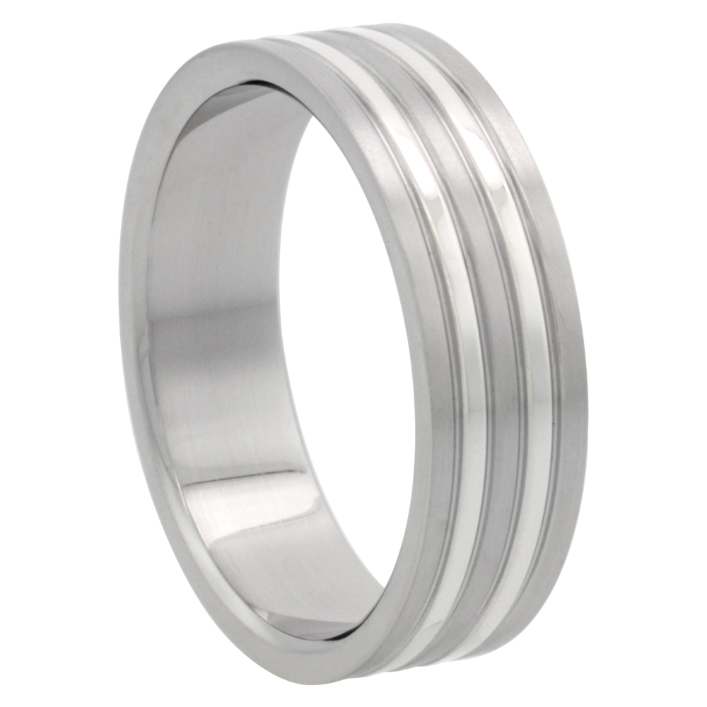 Surgical Stainless Steel 7mm Wedding Band Ring 4 Grooves Polished finish, sizes 8 - 14