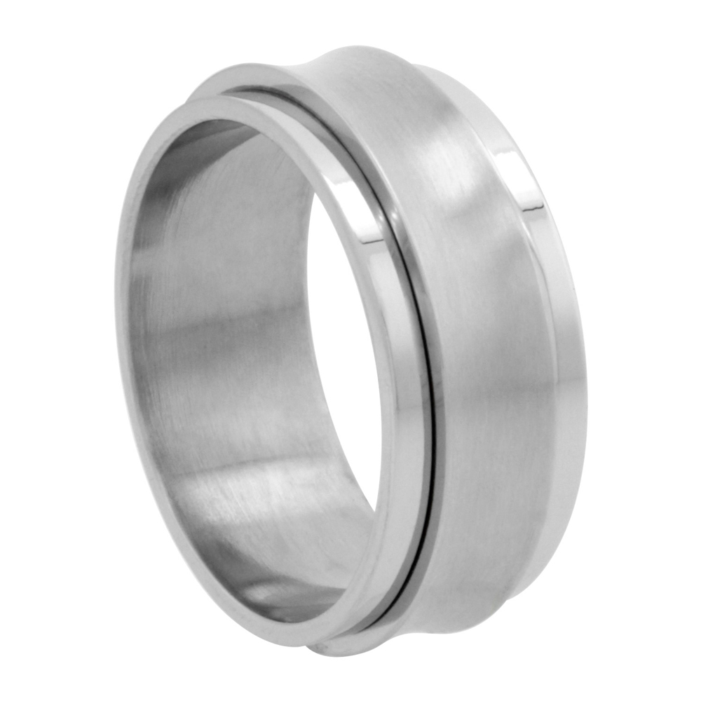 Surgical Stainless Steel Concaved Spinner Ring 9mm Wedding Band Matte Center, sizes 8 - 14