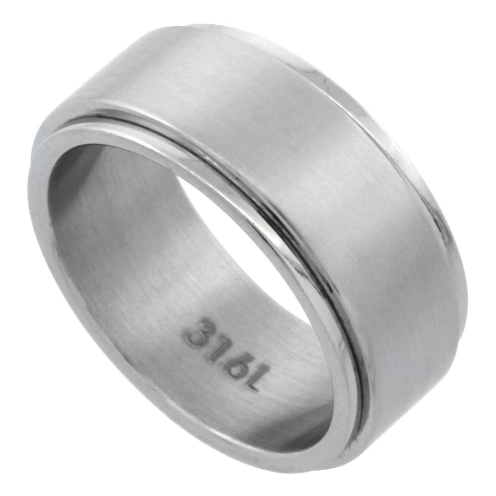 Surgical Stainless Steel 9mm Spinner Ring Wedding Band Matte Finish, sizes 7 - 14