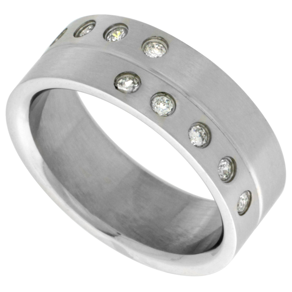 Surgical Stainless Steel 8mm CZ Wedding Band Ring Grooved Center 10 Stones Matte Finish, sizes 8 - 14