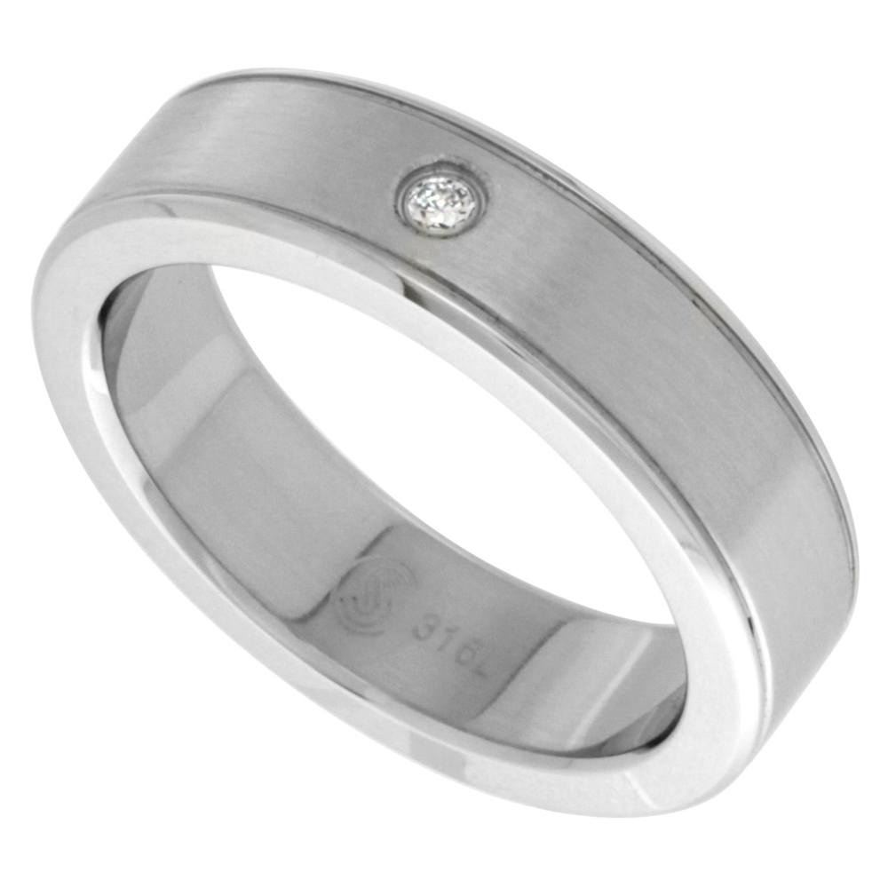 Surgical Stainless Steel 6mm Cubic Zirconia Wedding Band Ring Bullnose Grooved Edges, sizes 8 - 14