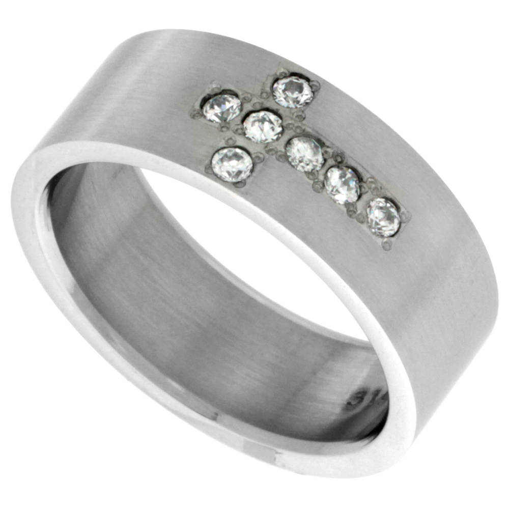 Surgical Stainless Steel 8mm Cubic Zirconia Cross Wedding Band Ring 6-Stones Matte Finish, sizes 8 - 14