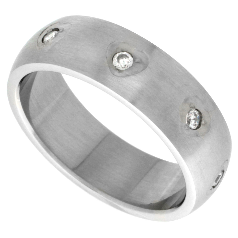 Surgical Stainless Steel 8mm Cubic Zirconia Wedding Band Ring Domed Matte Finish, sizes 6 - 10