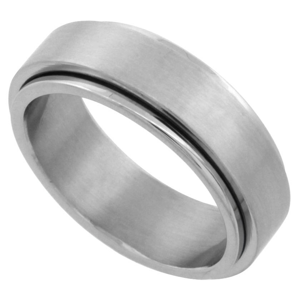 Surgical Stainless Steel 7mm Spinner Ring Wedding Band Matte Finish, sizes 7 - 14