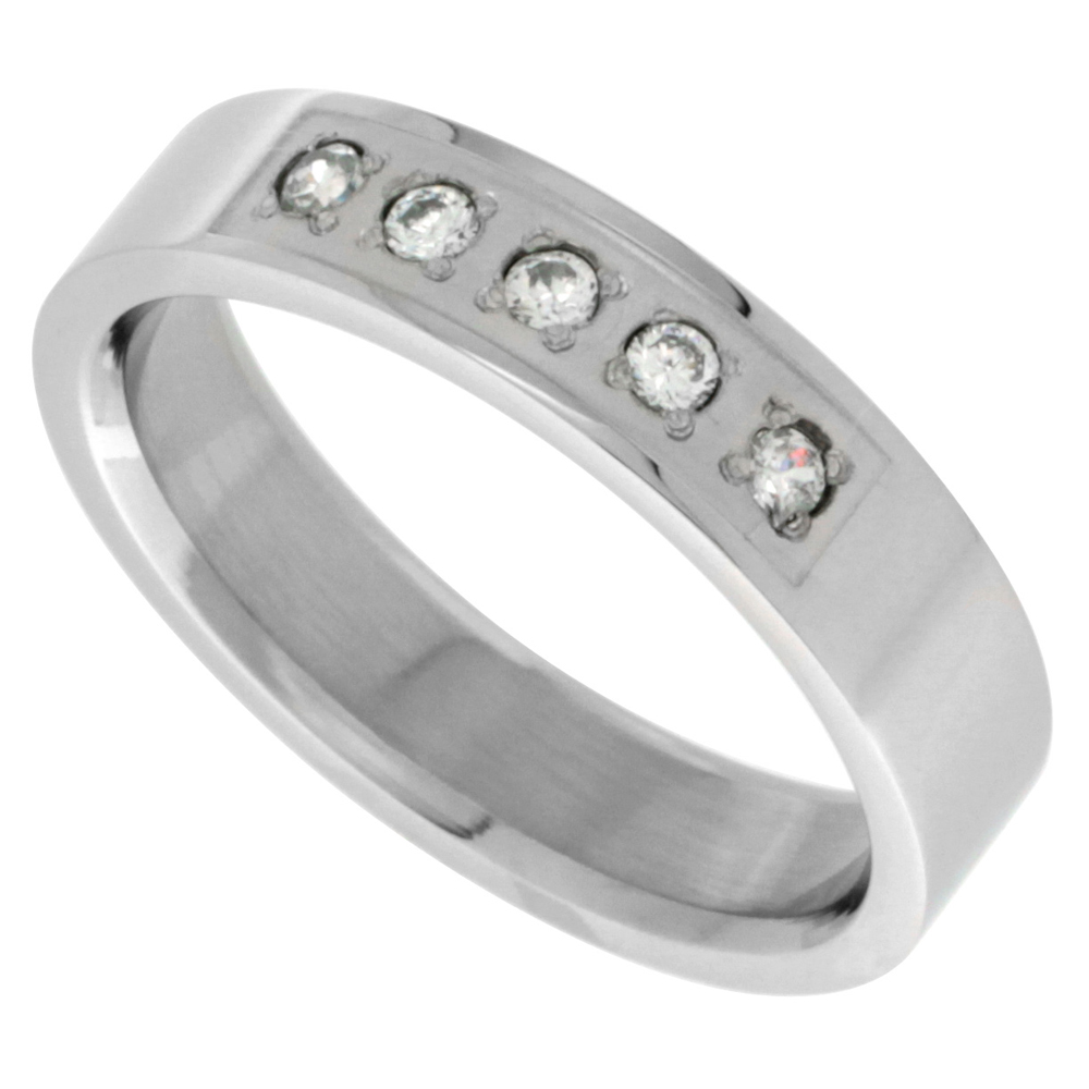 Surgical Stainless Steel 5mm Cubic Zirconia Wedding Band Ring 5-stone Polished Finish, sizes 8 - 14