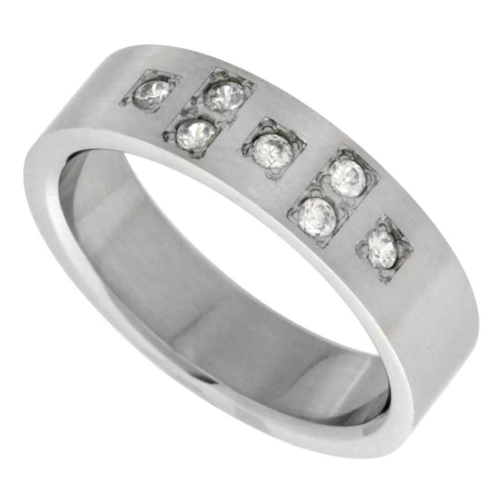 Surgical Stainless Steel 6mm Cubic Zirconia Cross Wedding Band Ring 7-stones, sizes 8 - 14