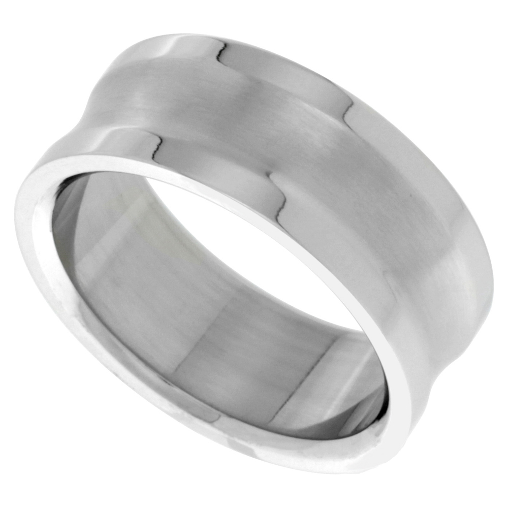 Surgical Stainless Steel 9mm Concaved Center Wedding Band Ring Polished Edges, sizes 8 - 14