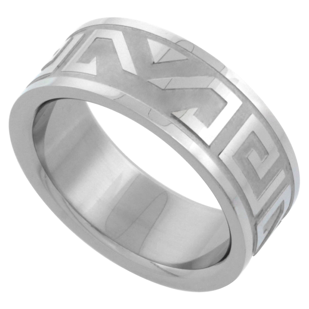 Surgical Stainless Steel 8mm Aztec Wedding Band Ring Etched Design, sizes 7 - 14