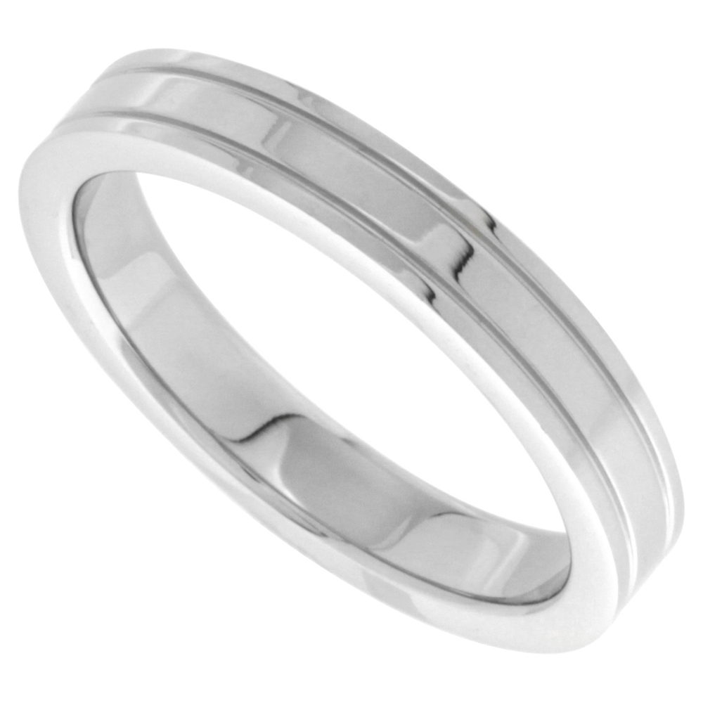 Surgical Stainless Steel 4mm Wedding Band Thumb Ring 2 Grooves High Polish sizes 8 - 14
