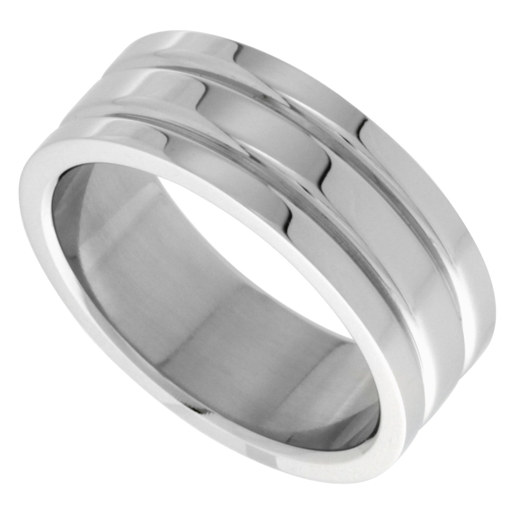 Surgical Stainless Steel 8mm Wedding Band Ring 2 Grooves High Polish, sizes 8 - 14