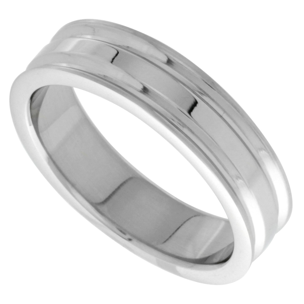 Stainless Steel 6mm Wedding Band Ring 2 Grooves High Polish, sizes 7 - 14