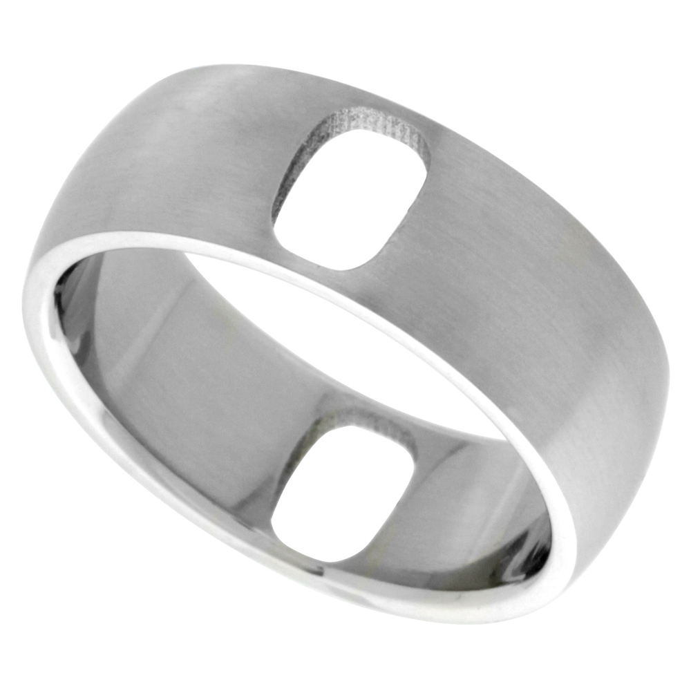 Surgical Stainless Steel Domed 8mm Wedding Band Ring 2 Oval Cut-outs, sizes 8 - 14