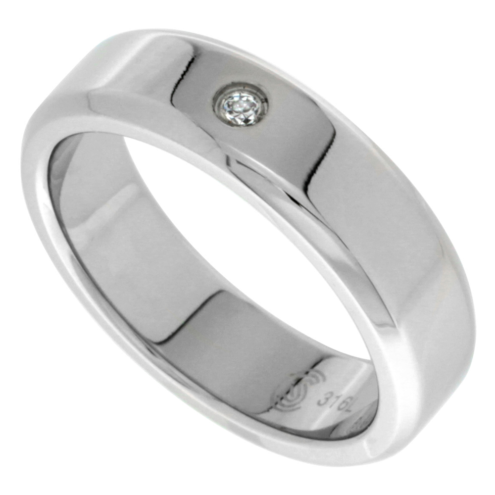 Surgical Stainless Steel 6mm CZ Wedding Band Ring Beveled Edges Polished Finish, sizes 8 - 14