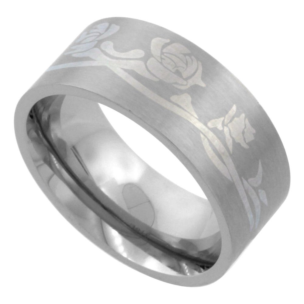 Surgical Stainless Steel 9mm Wedding Band Ring Engraved Roses Matte Finish Comfort-Fit sizes 7 - 14