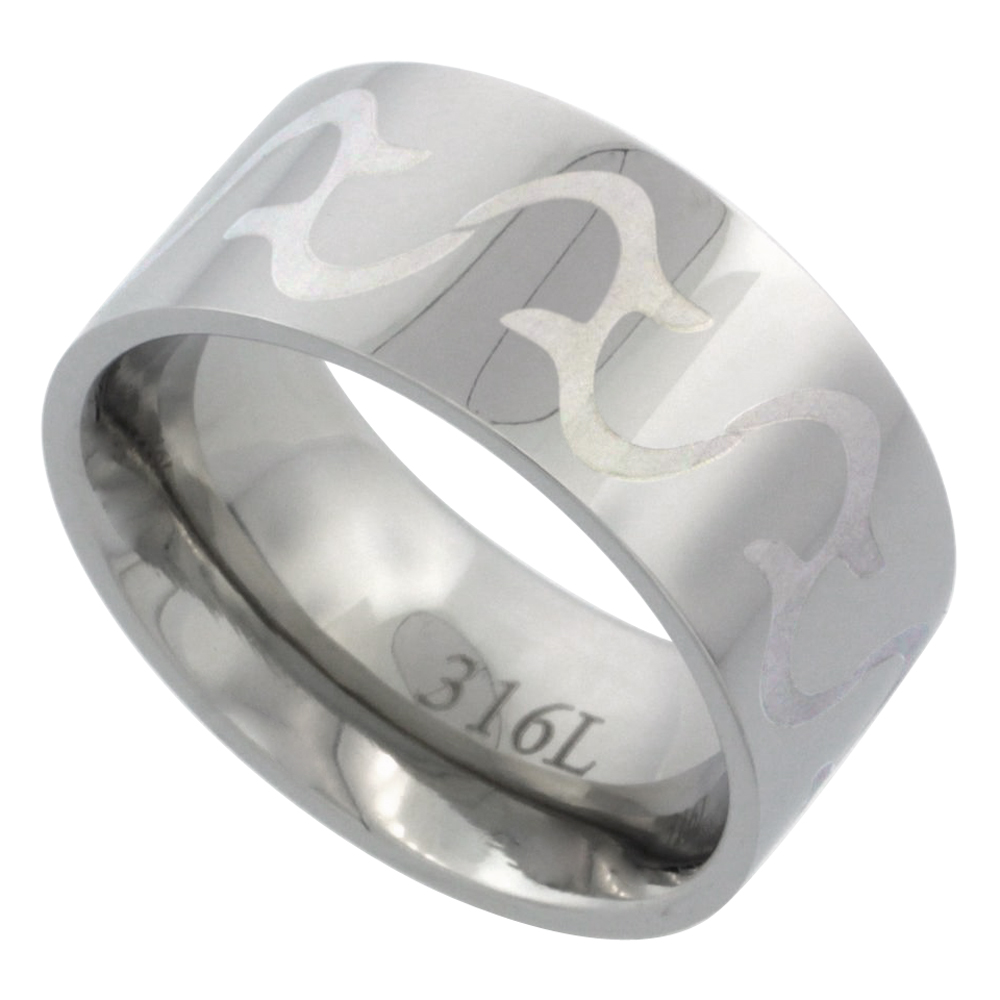 Surgical Stainless Steel 10mm Tribal Design Ring Wedding Band Comfort-Fit, sizes 7 - 14