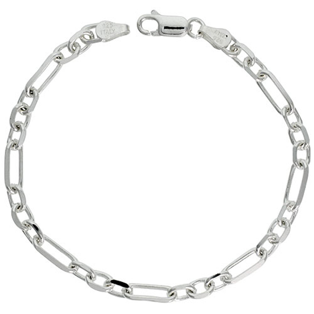 Sterling Silver Figaro Cable Link Chain Necklaces & Bracelets 5mm Beveled Nickel Free Italy, 7-30 inch