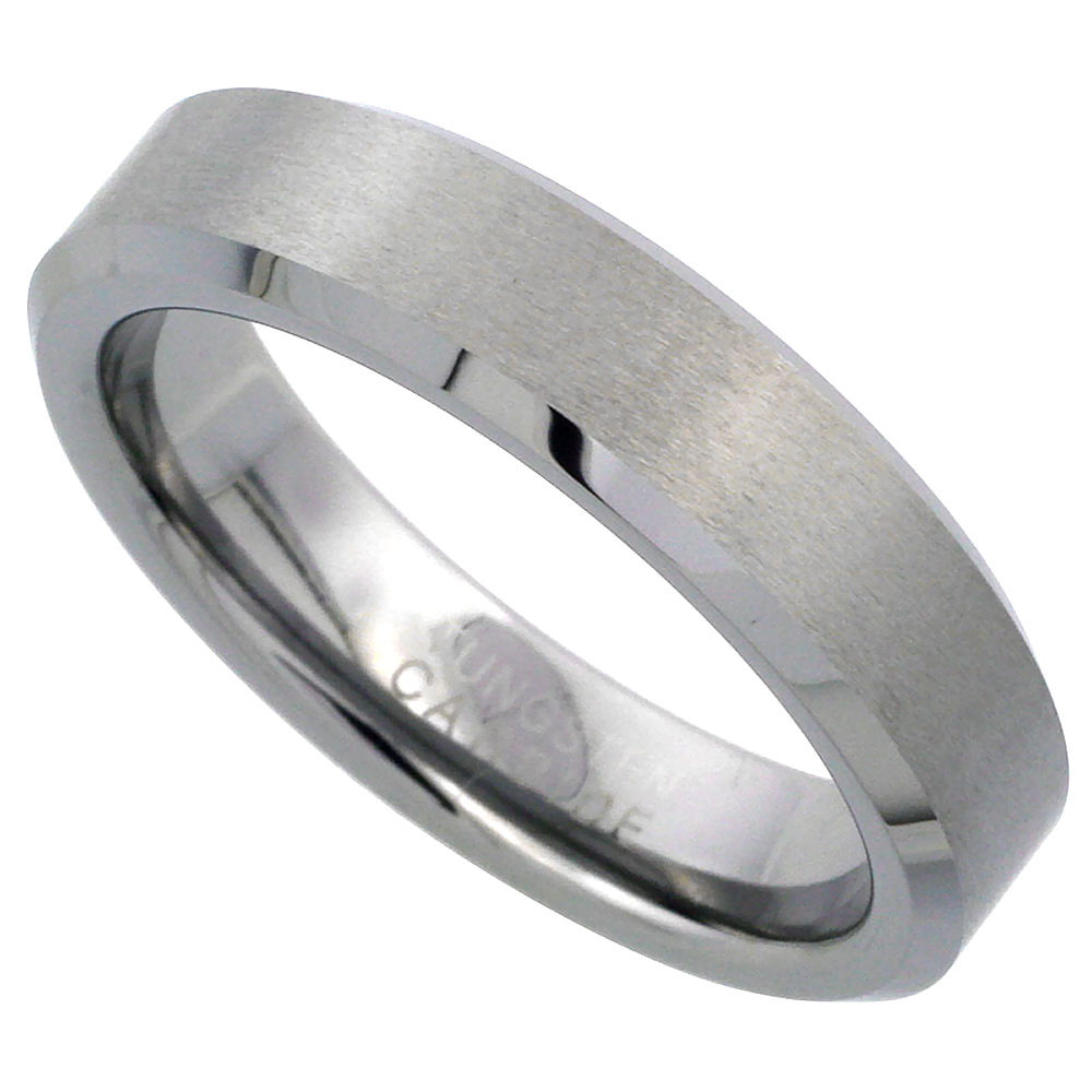 Tungsten Carbide 5 mm Flat Wedding Band Ring Satin Finished Beveled Edges, sizes 6 to 10