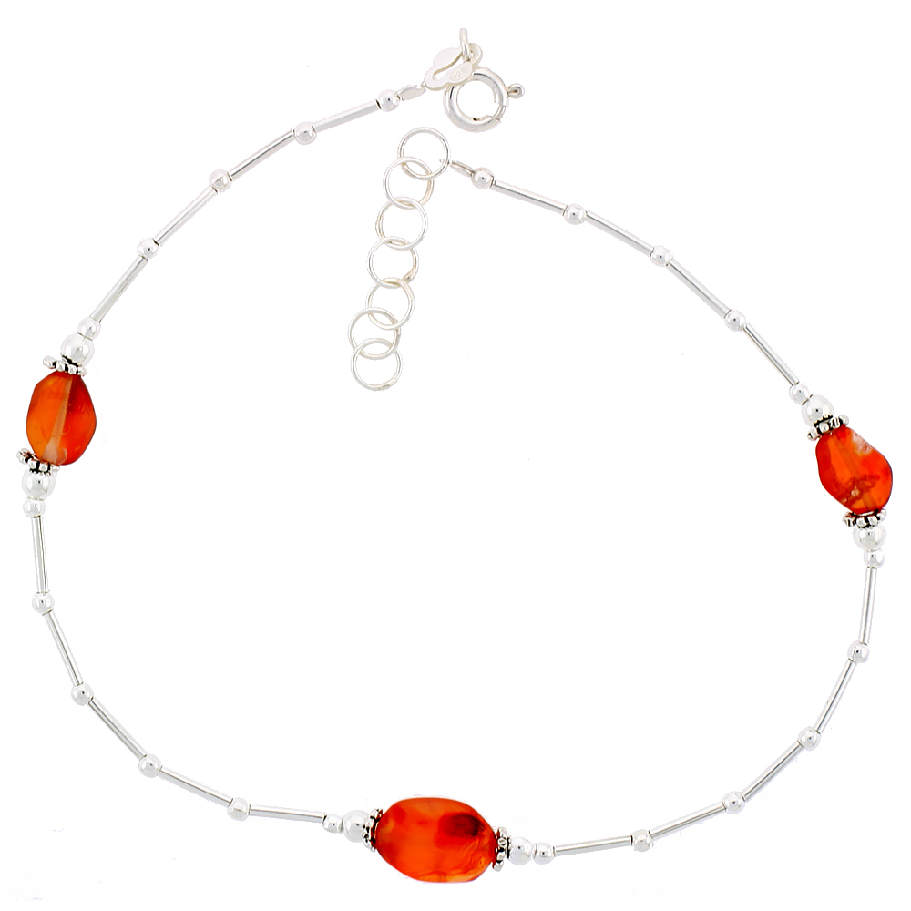 Sterling Silver Anklet Natural Carnelian Stones, adjustable 9 - 10 inch