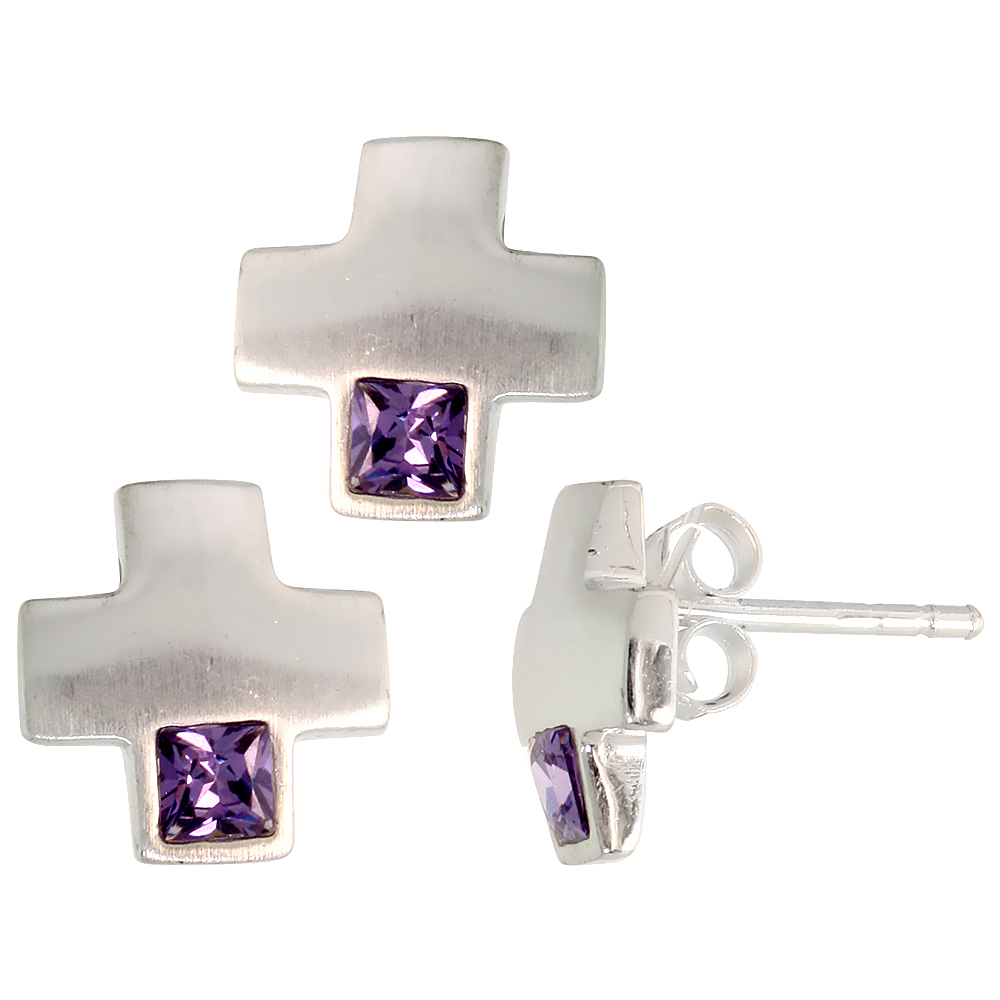 Sterling Silver Princess Cut Amethyst Purple CZ Greek Cross Stud Earrings &amp; Pendant Set Brushed finish