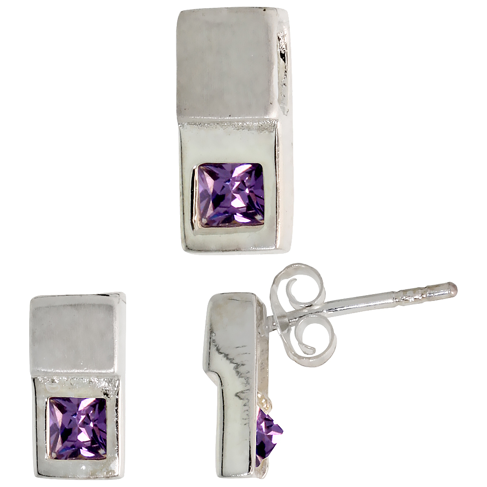 Sterling Silver Princess Cut Amethyst Purple CZ Recessed Rectangle Stud Earrings & Pendant Set Brushed