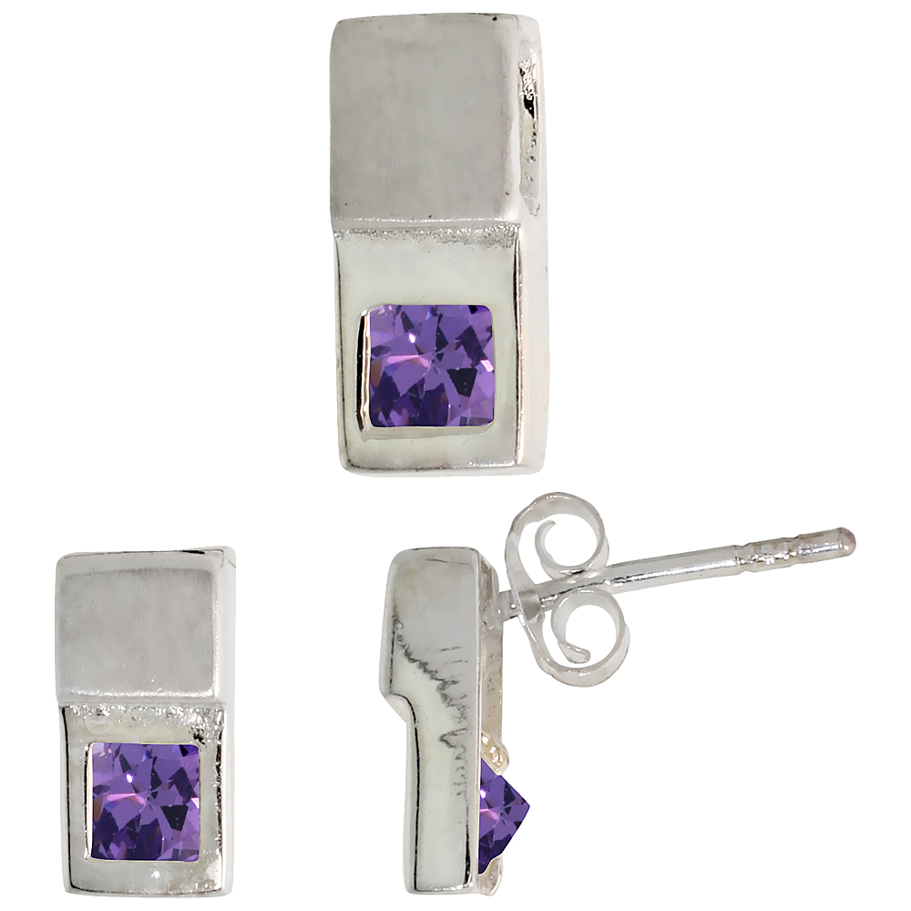 Sterling Silver Princess Cut Blue Sapphire CZ Recessed Rectangle Stud Earrings & Pendant Set Brushed