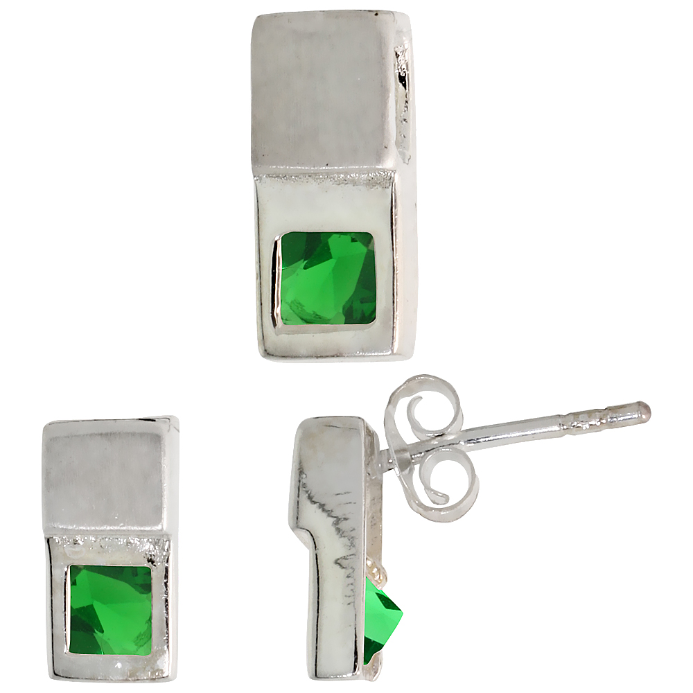 Sterling Silver Princess Cut Emerald Green CZ Recessed Rectangle Stud Earrings &amp; Pendant Set Brushed