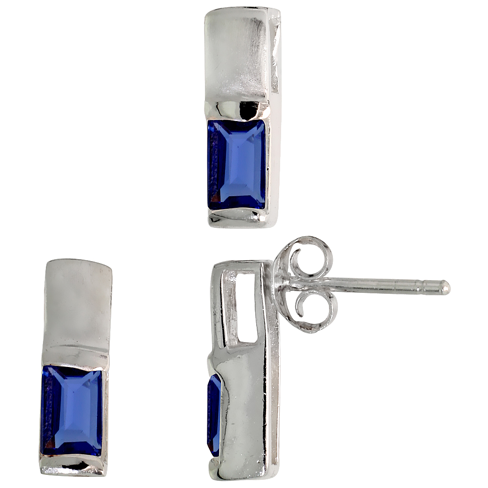 Sterling Silver Radiant Cut Blue Sapphire CZ Thin Rectangle Stud Earrings & Pendant Set Brushed finish