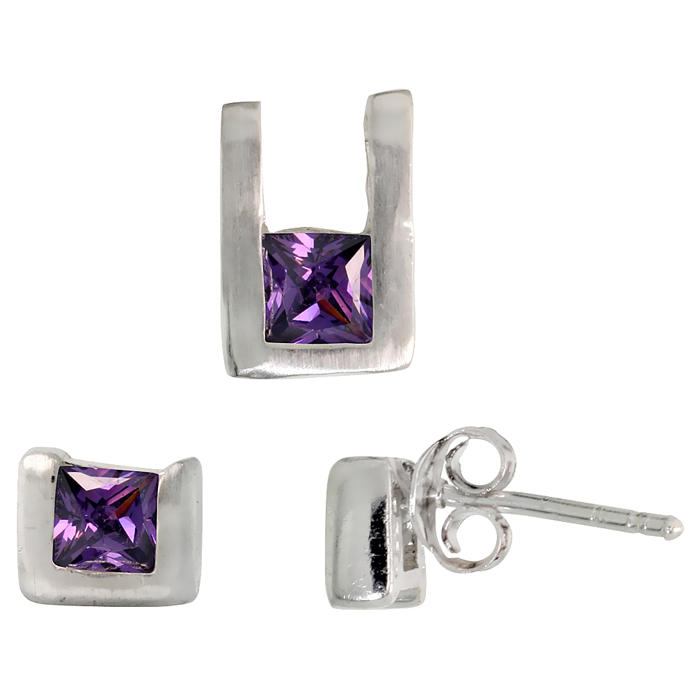 Sterling Silver Princess Cut Amethyst Purple CZ U shape Stud Earrings & Pendant Set Brushed finish
