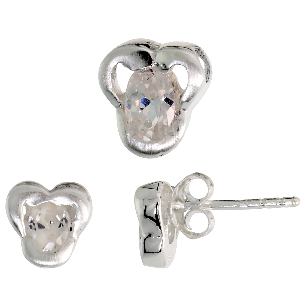 Sterling Silver Oval Cut White CZ Trefoil Stud Earrings &amp; Pendant set for women Brushed finish