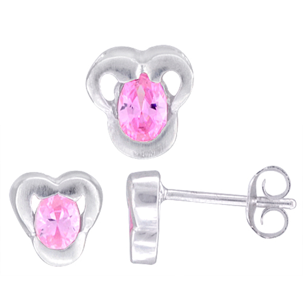 Sterling Silver Oval Cut Pink CZ Trefoil Stud Earrings &amp; Pendant set for women Brushed finish