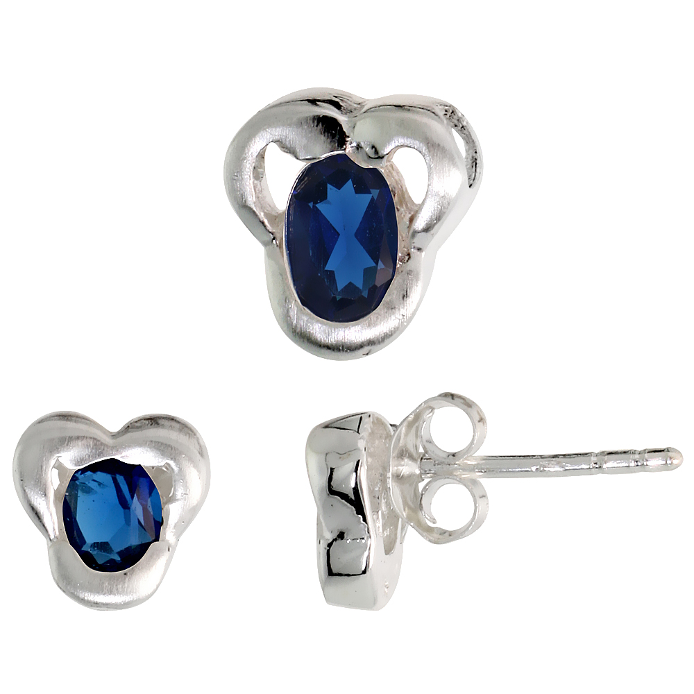 Sterling Silver Oval Cut Blue Sapphire CZ Trefoil Stud Earrings &amp; Pendant set for women Brushed finish