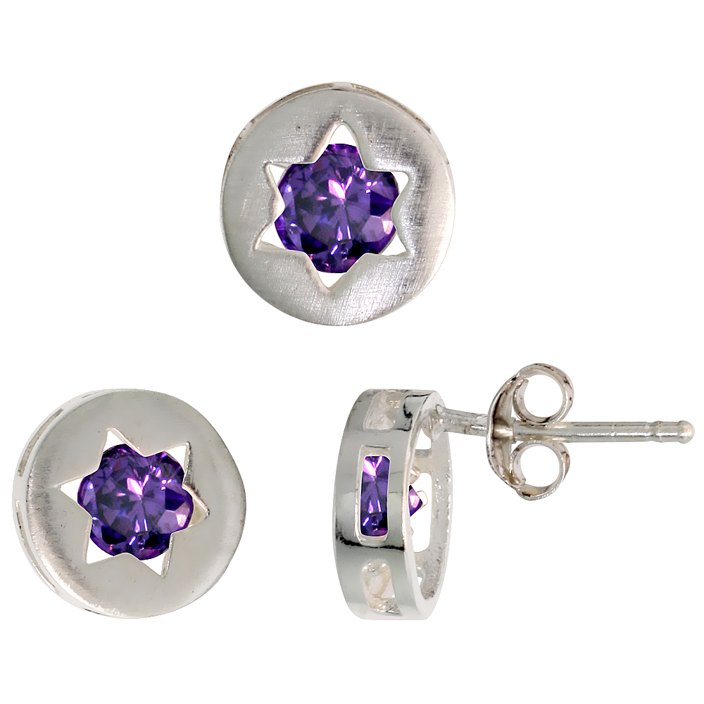 Sterling Silver Brilliant Cut Amethyst Purple CZ Jewish Star of David Stud Earrings &amp; Pendant Set