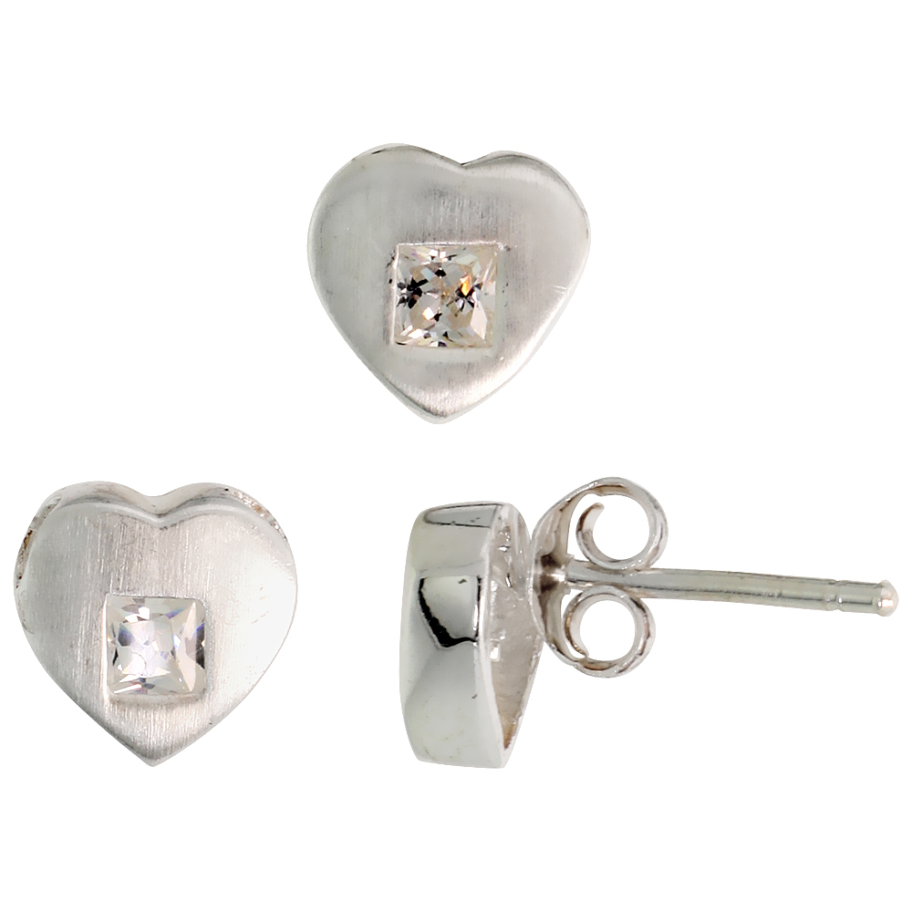 Sterling Silver Princess Cut White CZ Heart Stud Earrings &amp; Pendant set for women Brushed finish